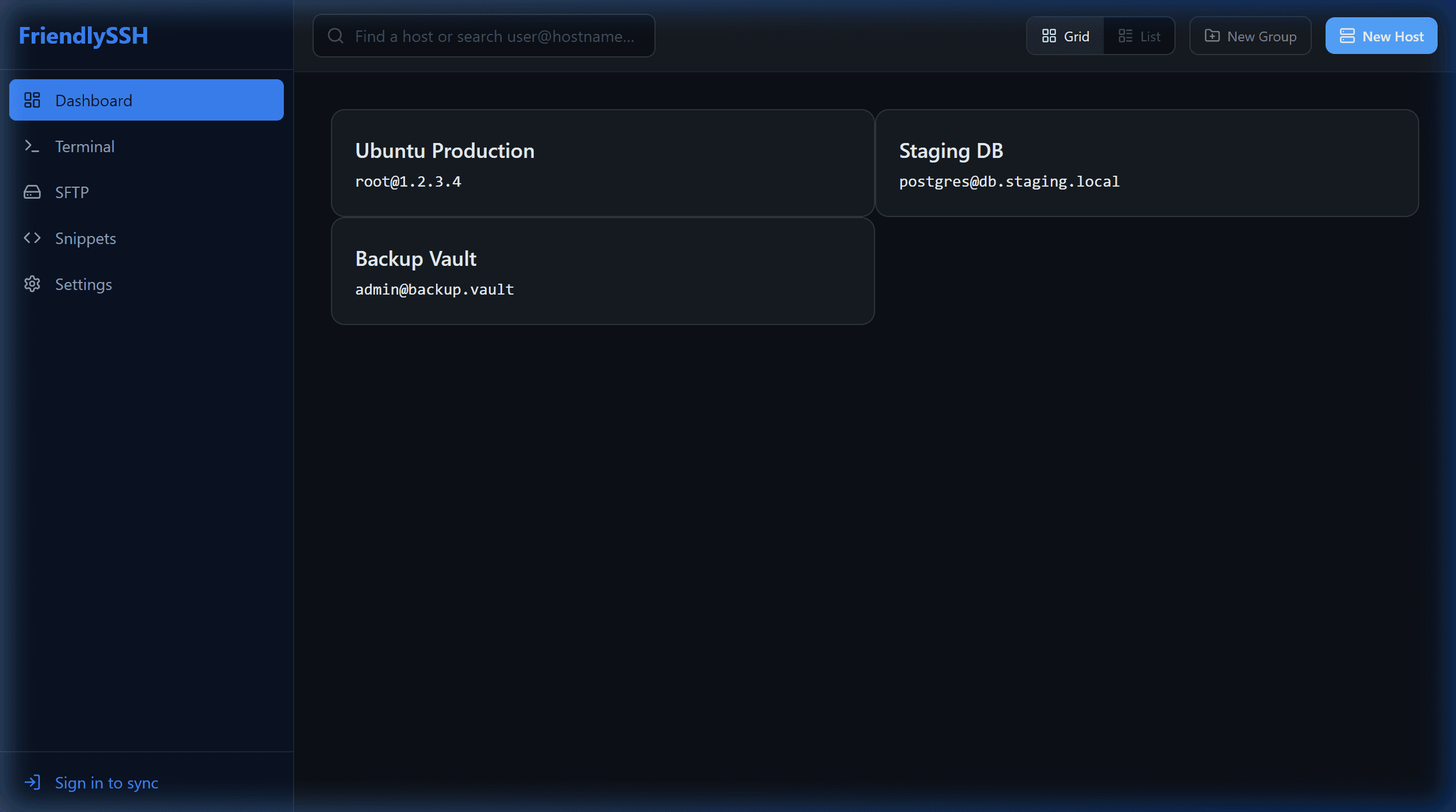 FriendlySSH Dashboard — Manage your SSH hosts