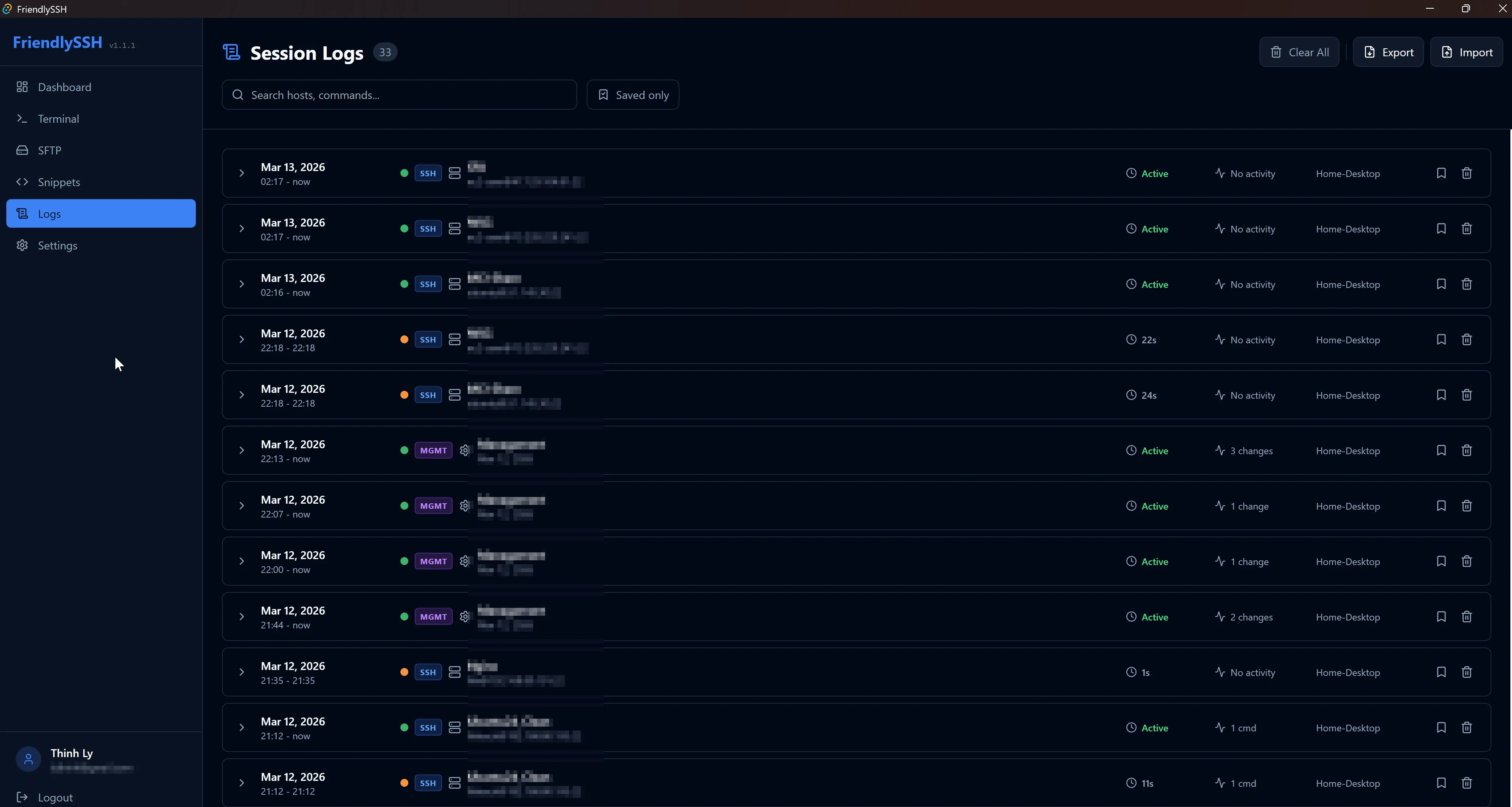 FriendlySSH Session Logs — Export, import, and manage session history