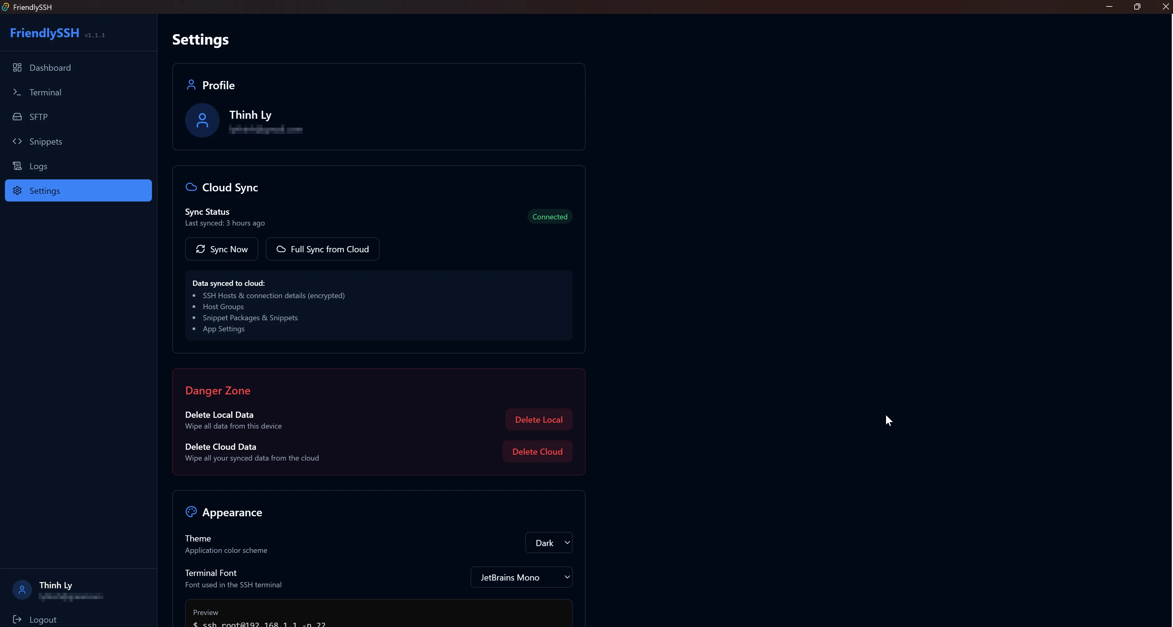 FriendlySSH Settings — Cloud Sync connected, profile and appearance settings