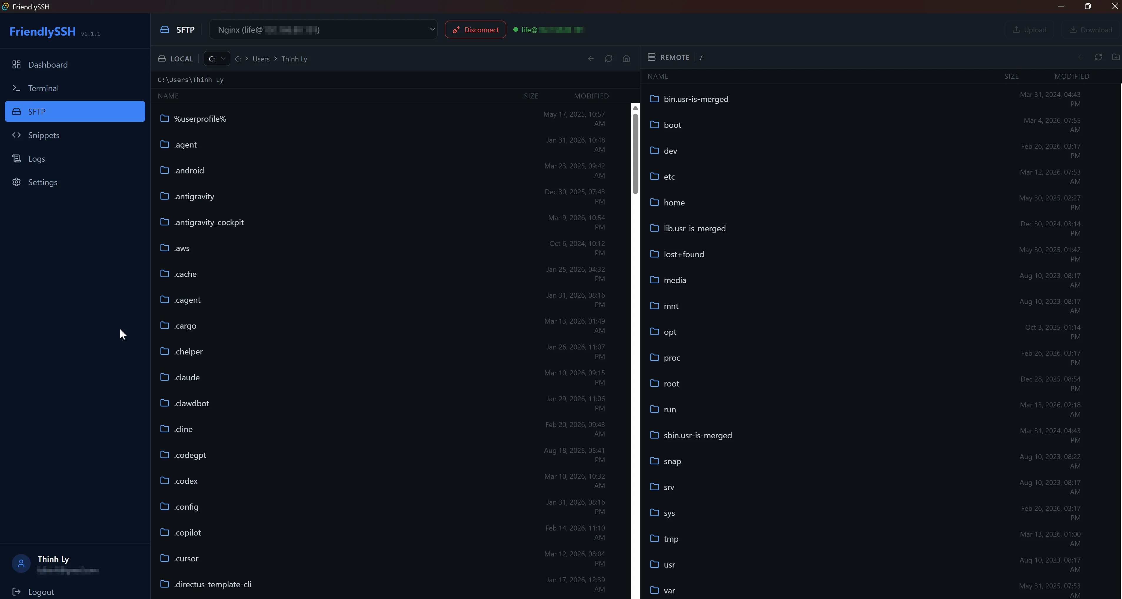 FriendlySSH SFTP — Dual-pane file manager with live server connection