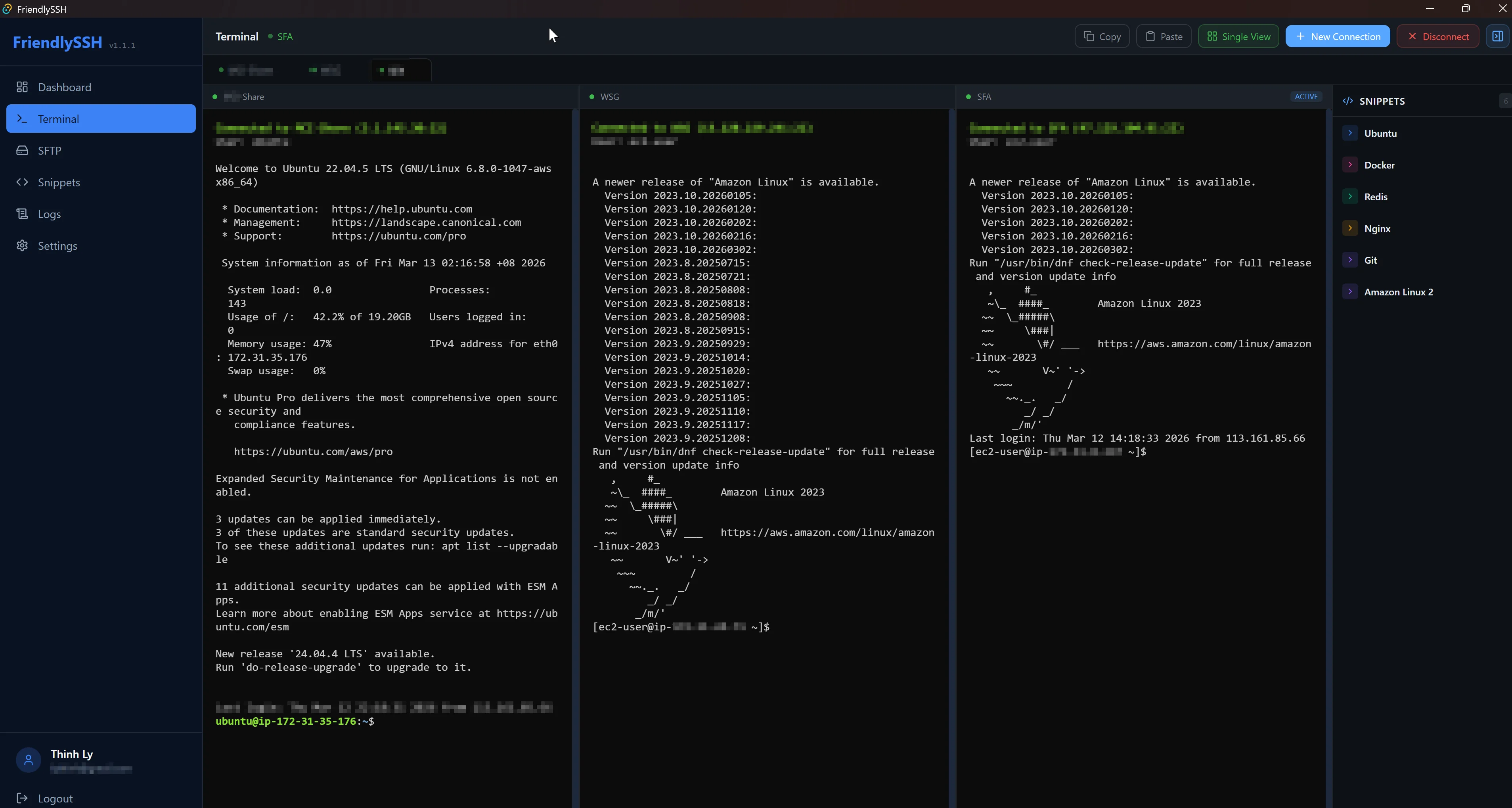FriendlySSH Terminal — Multi-tab split view with Snippets panel